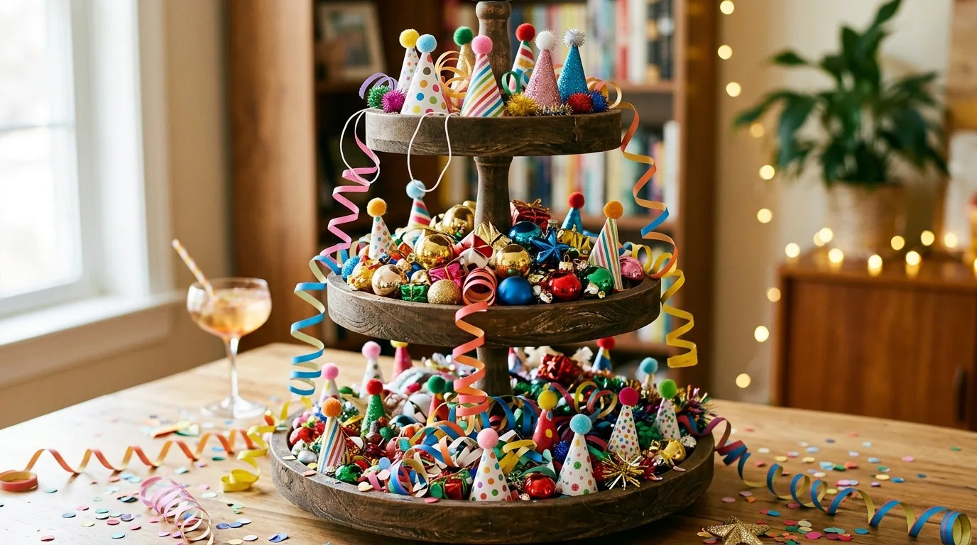 Tiered tray with mini party hats and festive decor